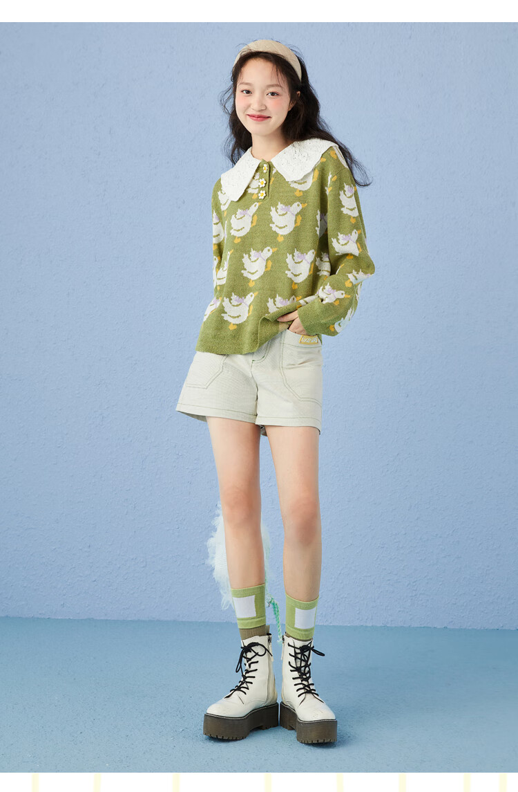 【新品】乐町2021春季新款鹅线套衫毛衣外套女宽松外穿可爱日系 绿色