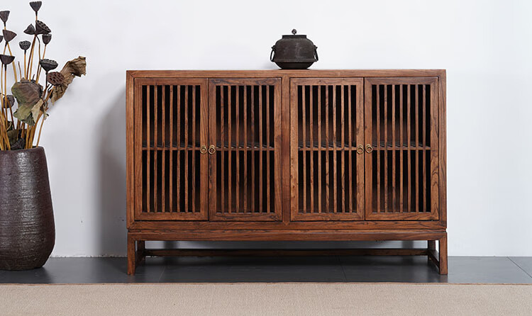 新中式餐边柜老榆木茶水柜实木矮柜茶室边柜鞋柜隔断玄关柜储物柜四门