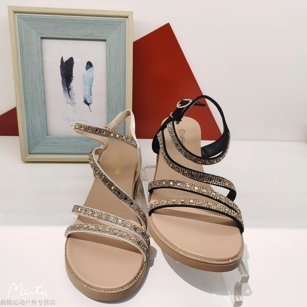 千百莉女鞋千佰莉新款夏季凉鞋闪亮设计款平底2022女鞋通勤可爱舒适