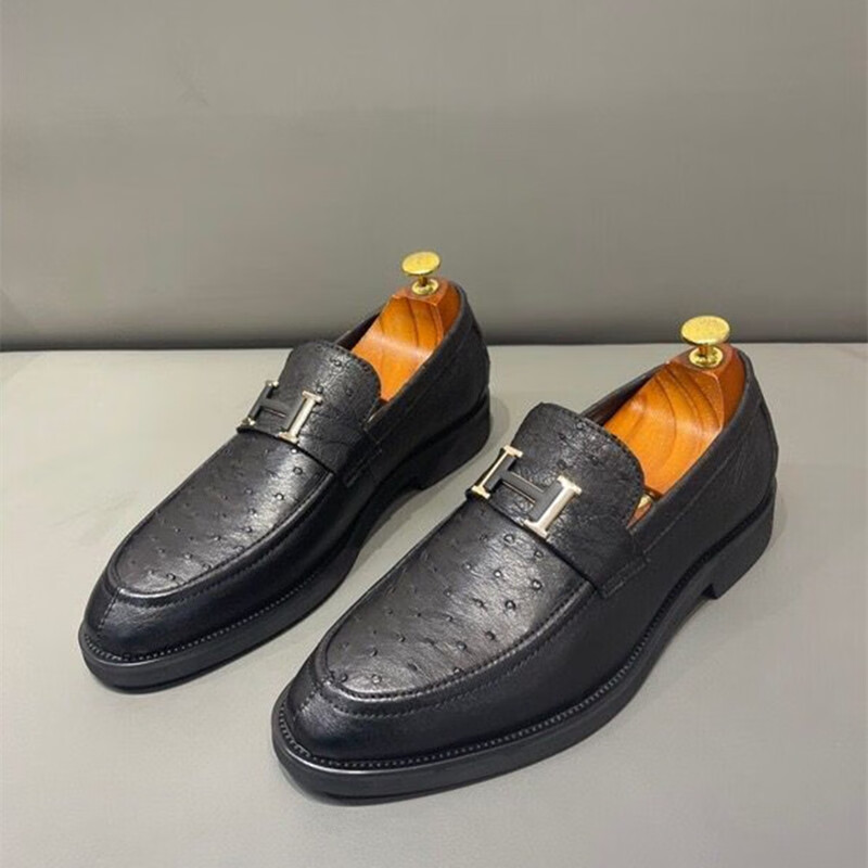 轻奢进口南非鸵鸟皮皮鞋商务休闲百搭套脚懒人鞋轻质透气真s皮男鞋