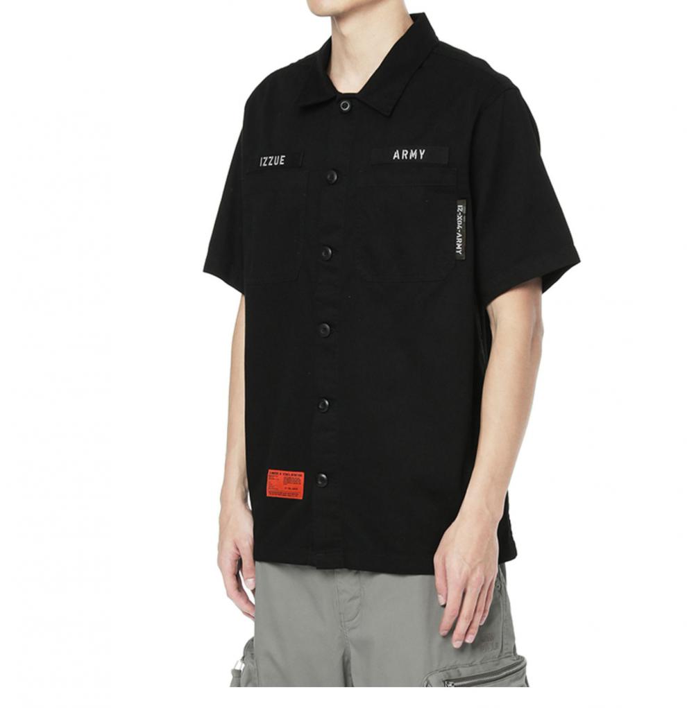 it izzue男装工装短袖衬衫夏季休闲街头logo印花8300s1g bkx/黑色 m