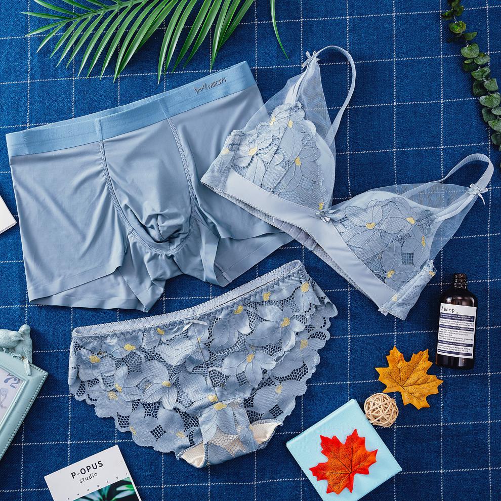 专卖情侣内衣三件套冰丝情侣内裤带胸罩文胸性感可爱情侣款内衣套装