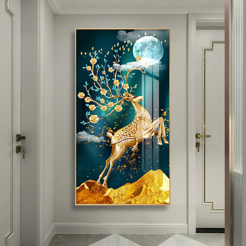 入户玄关装饰画走廊过道墙壁画竖版现代简约北欧客厅玄幻晶瓷挂画福鹿