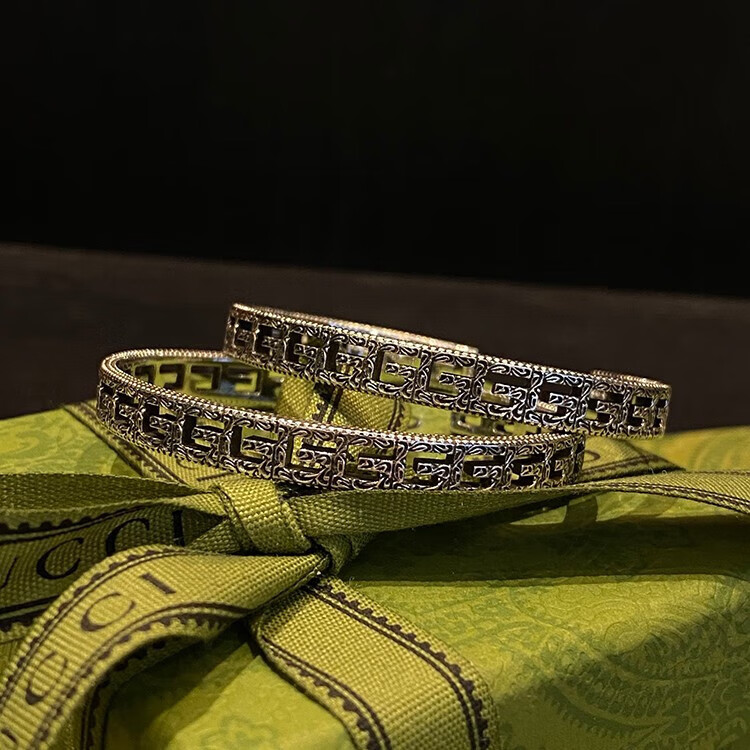 古驰(gucci) g图案银手镯 女款银色ins复古做旧 送女友百搭手镯 生日