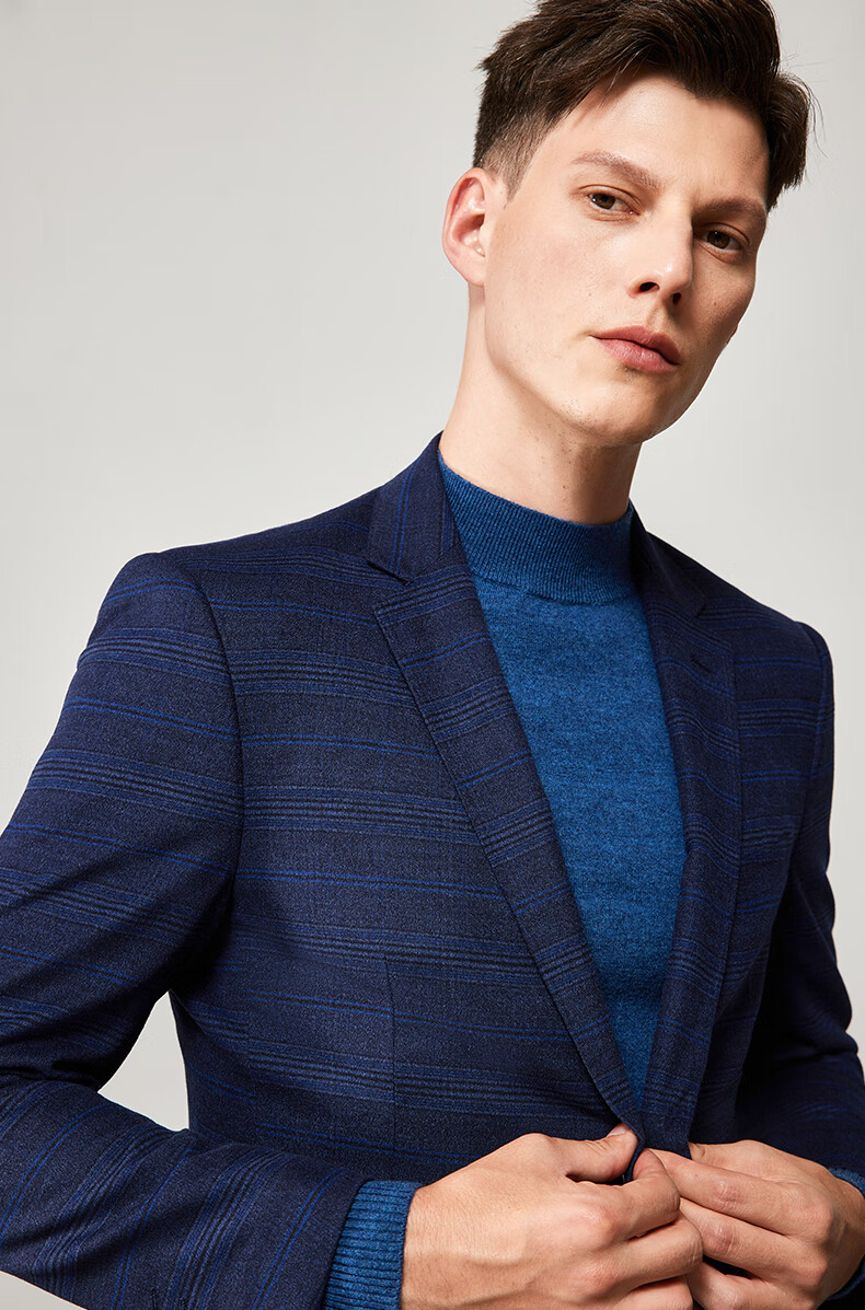 md名盾秋冬新款男士西服上衣羊毛西服修身格纹西装男商务正装蓝色格子