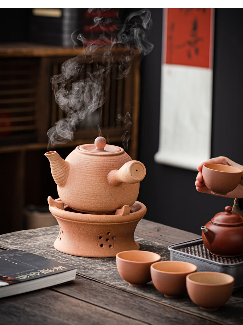 提梁壶日式碳炉家用大号煮茶炉炭炉陶泥风炉陶土泥炉侧把壶提梁壶粗陶