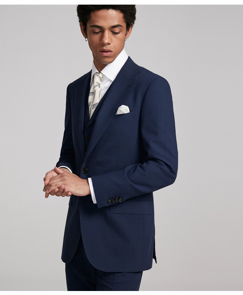 full monty藏青色王格平驳领单排扣西服套装男士羊毛休闲西装 藏青色