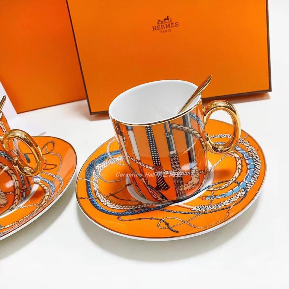 2022新款爱马仕风格咖啡杯hermes爱马仕权杖系列骨瓷咖啡杯碟套装两杯