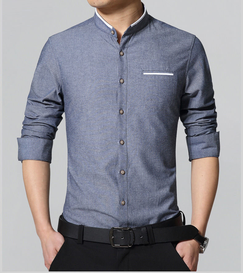 跃山坳2021款加绒立领衬衫男长袖浅色中山圆领秋冬休闲寸冬季加棉加厚