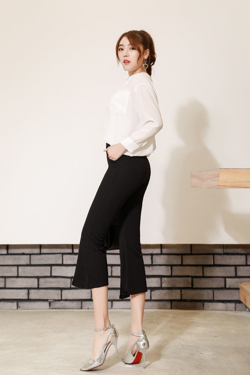 新款七分开叉微喇叭裤口袋夏季韩版高腰弹力修身显瘦女士休闲裤 口袋