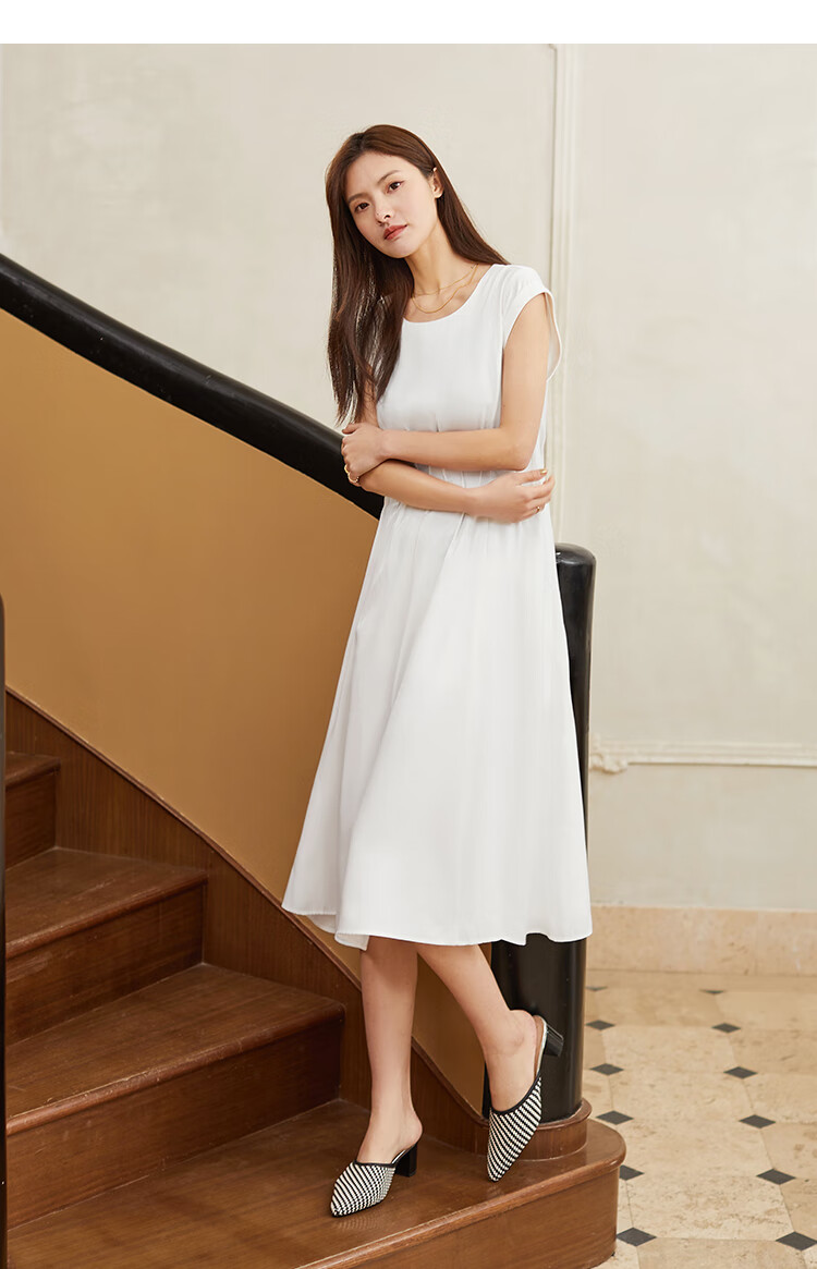 艾莱依简约高腰短袖气质连衣裙女2021夏新款赫本风修身显瘦长裙子本