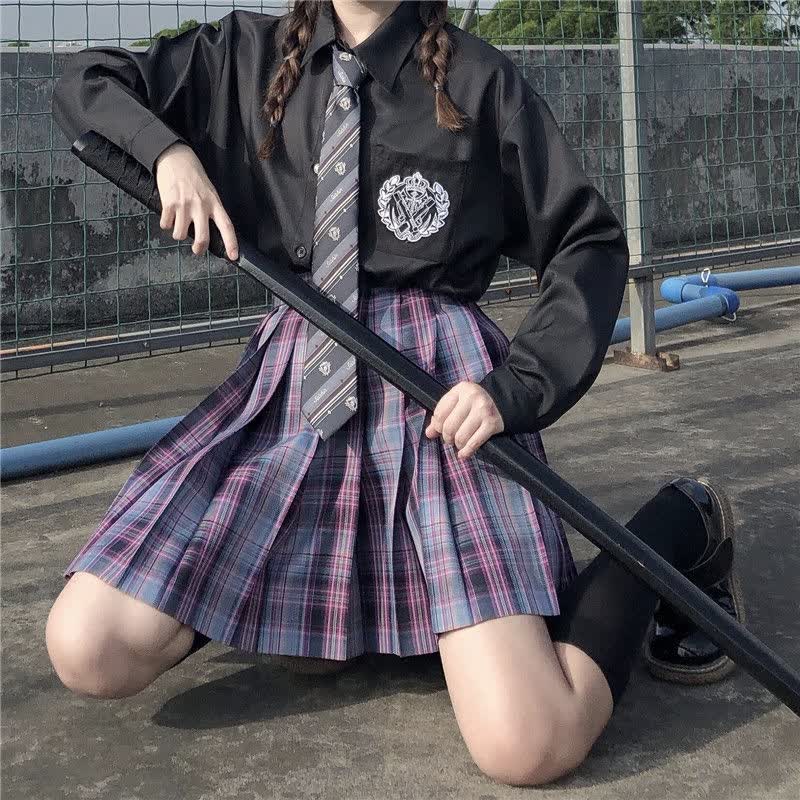 jk刺绣k制服衬衫女春秋季学院风宽松长袖暗黑色衬衣白色长袖m