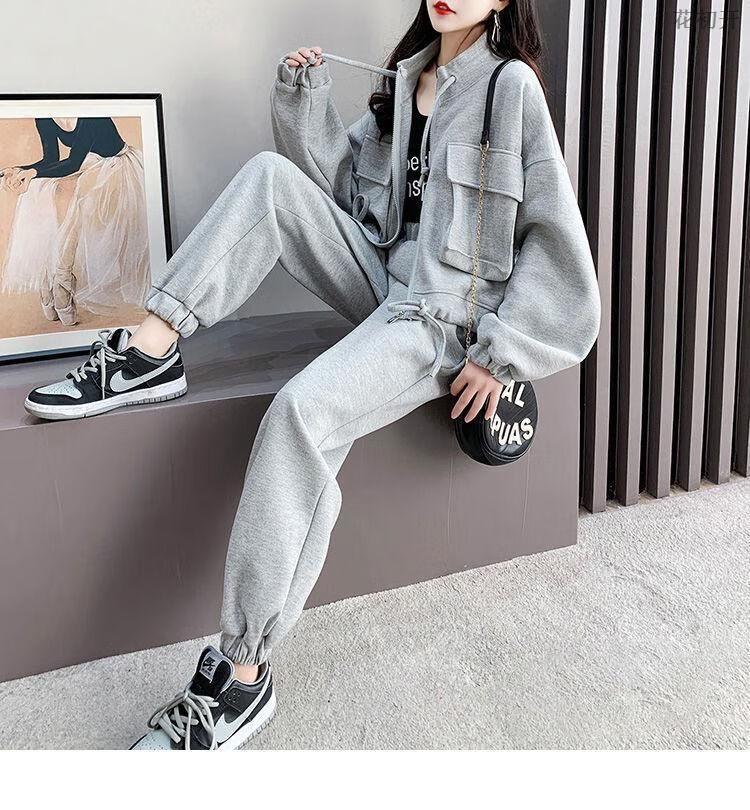 女装年休闲洋气时尚减龄小个子束脚卫裤灰色裤子上衣套装l建议90110斤