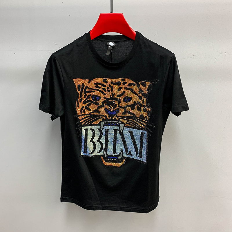 品牌男士夏季欧货潮牌体恤烫钻短袖t恤修身猎豹烫钻个性流行薄款潮流