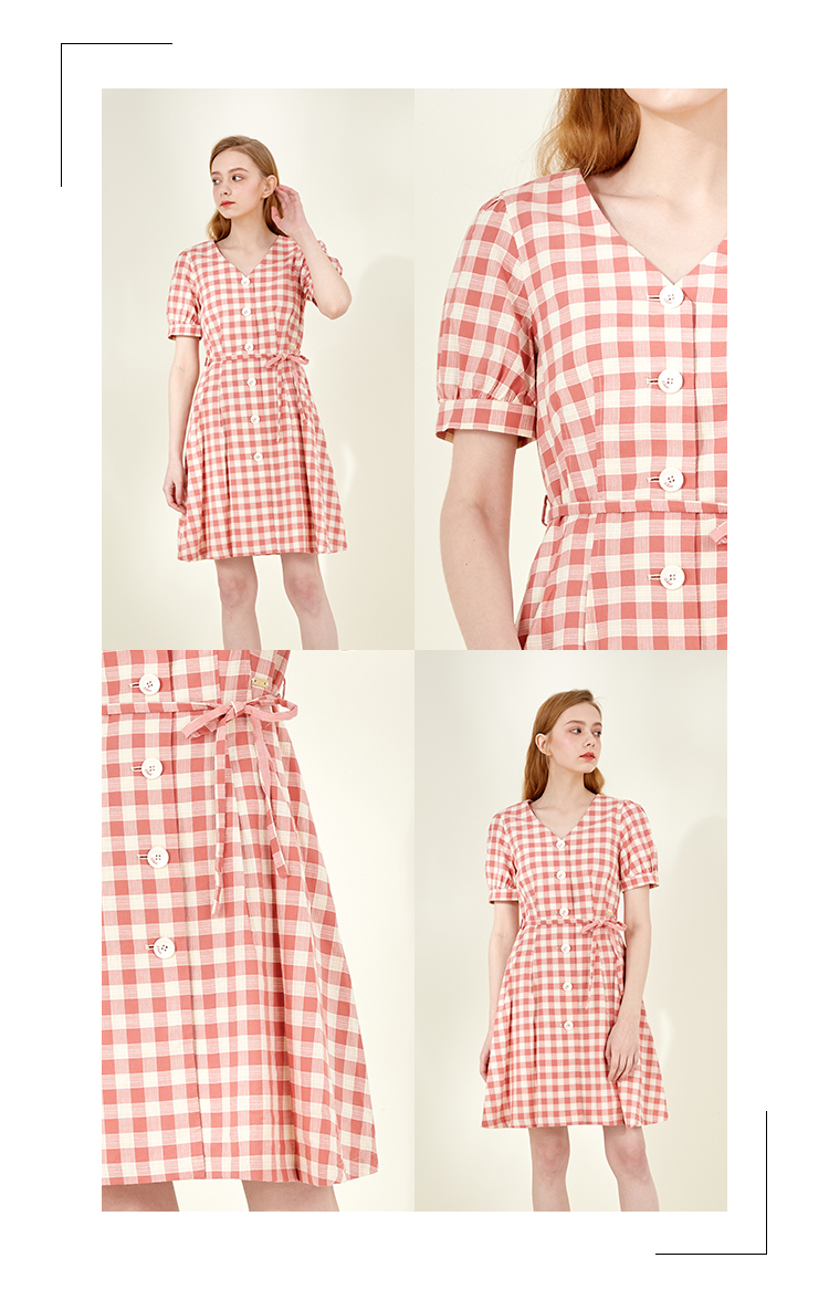 eland衣恋女装田园撞色格纹连衣裙女裙子纯棉春夏季风休闲修身单排扣