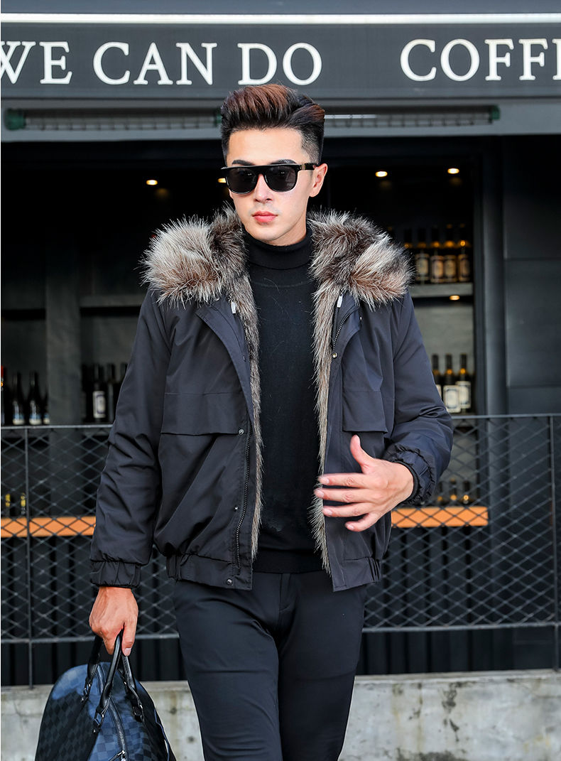 短款派克服男士秋冬新款狐狸毛可拆卸内胆仿皮草连帽外套防水抗寒m100