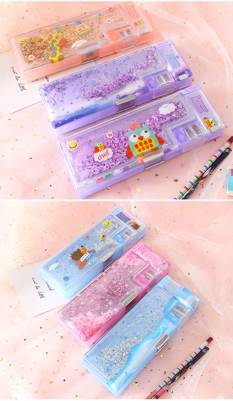 网红流沙文具盒女生小清新少女心铅笔盒创意多功能双层笔盒流沙粉色