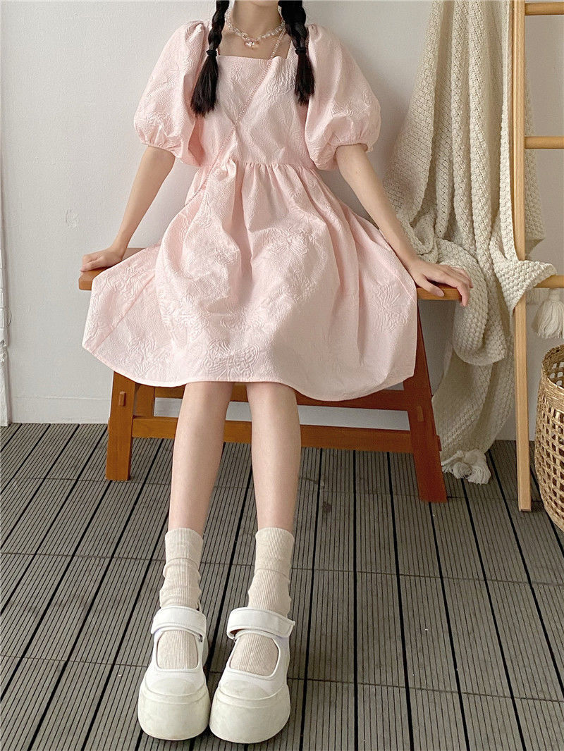 泡泡袖连衣裙学生女夏季韩版学生方领绑带蝴蝶结公主裙宽松粉色泡泡裙