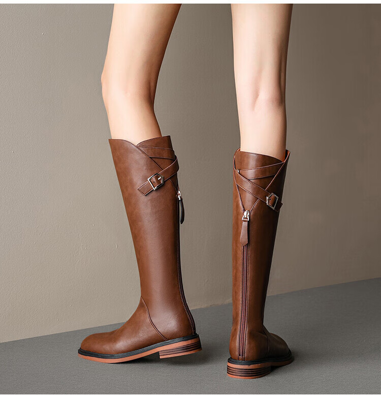 moedu轻奢侈品牌女靴长筒靴不过膝时装靴2022年秋冬季新款复古低跟