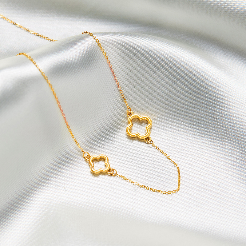 venti/梵迪珠宝 幸运之花 黄金四叶草项链 女 足金不对称锁骨链 ins风