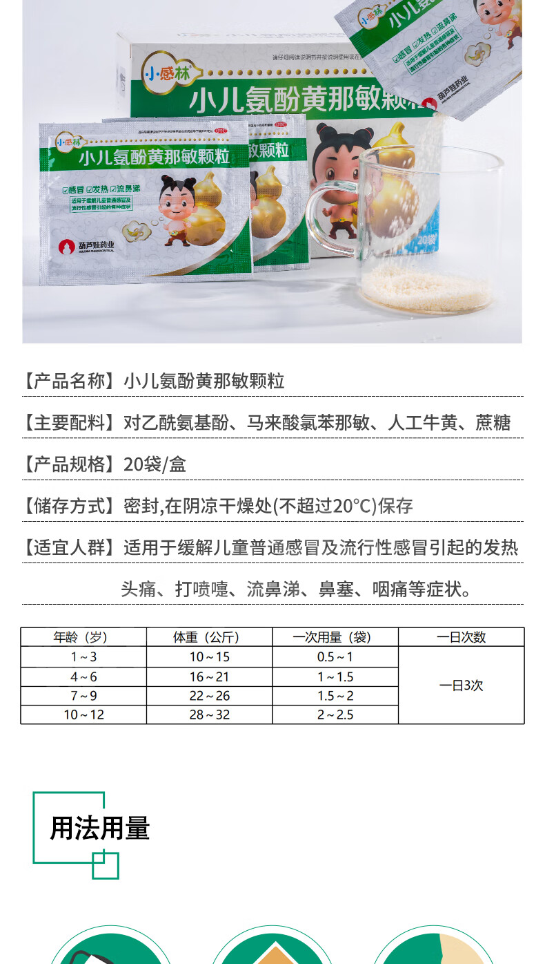 葫芦娃小感林小儿氨酚黄那敏颗粒20袋盒发热流鼻涕儿童普通及流行性6