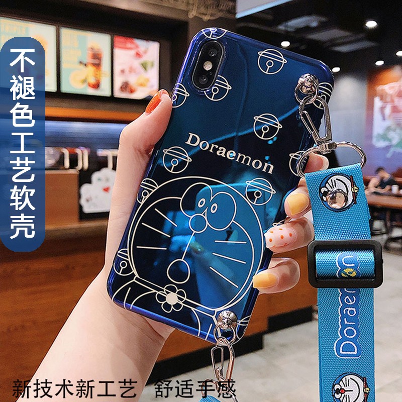 晓莹盾壳vivoy97手机壳oppoa5网红可爱卡通蓝光猫咪叮当斜挎背带可