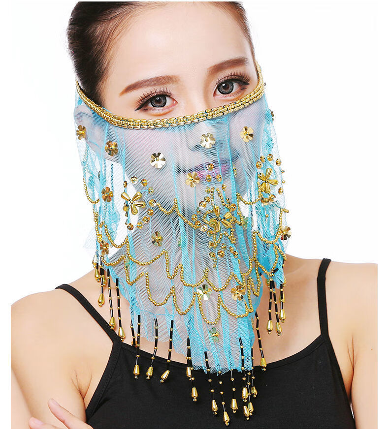 面纱古风印度舞蹈表演出服面纱蹈道具肚皮舞配饰梅花纱巾面罩面纱黄色