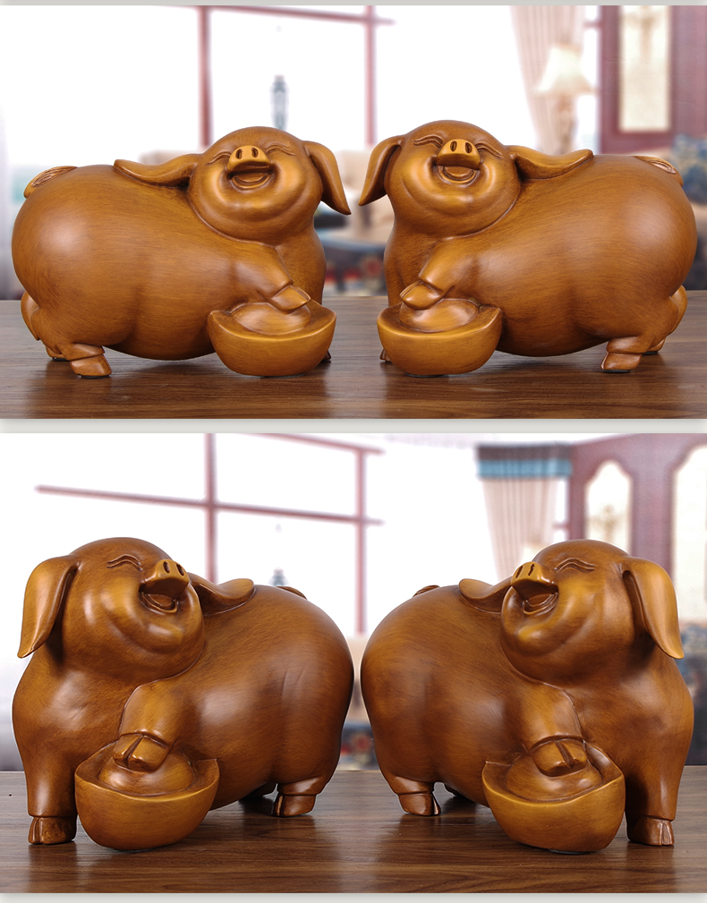 弗朗德实木雕猪摆件十二生肖猪一对客厅玄关电视柜家居装饰乔迁礼品
