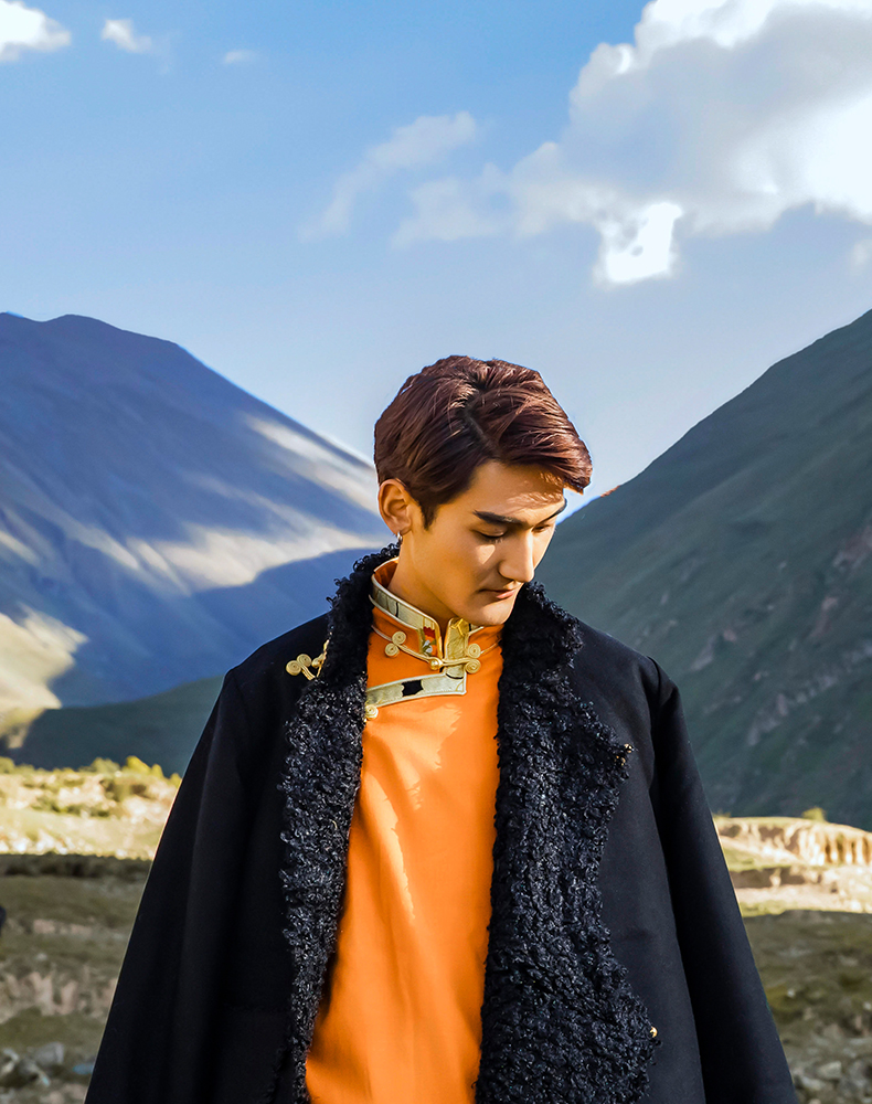 桢译藏服男黑色毛呢外套2021年新款秋冬加绒藏式藏族服装男藏装民族