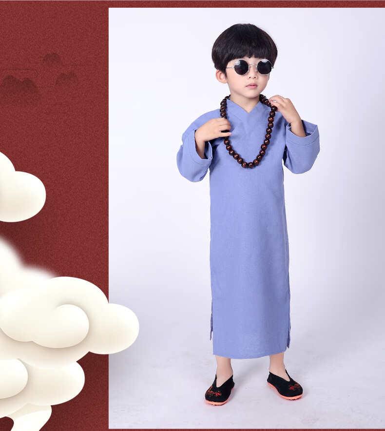 和尚服宝宝套装小沙弥僧袍少林寺棉麻 小和尚棉麻深蓝色 背篓 鞋子 80