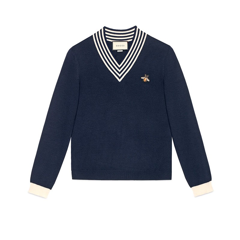 gucci 古驰男装 新款男士蜜蜂图案v领羊毛针织衫上衣 蓝色 深蓝色