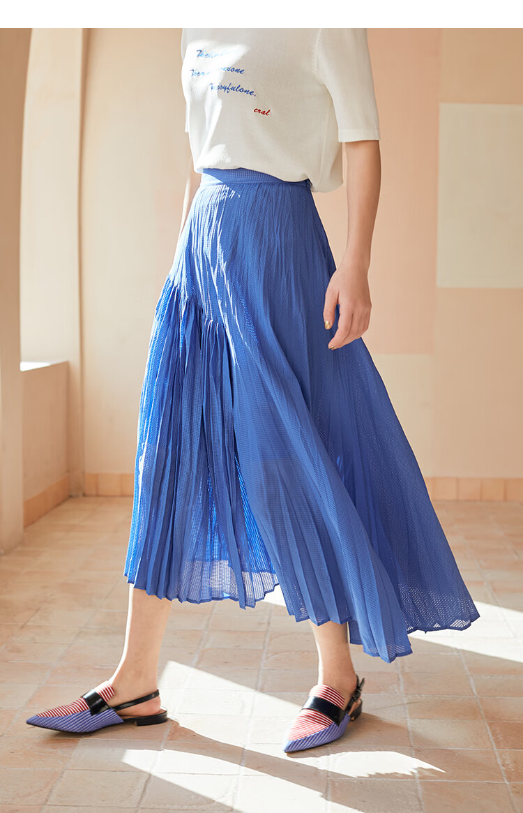 艾莱依斜下摆压褶半身裙女2021夏新款高腰显瘦百褶裙a字雪纺裙子风铃