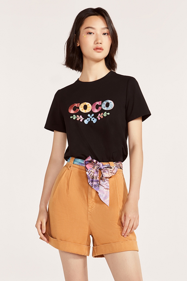 fiveplus新疆棉短袖t恤女夏coco联名款t恤女宽松刺绣棉质短袖上衣橙色