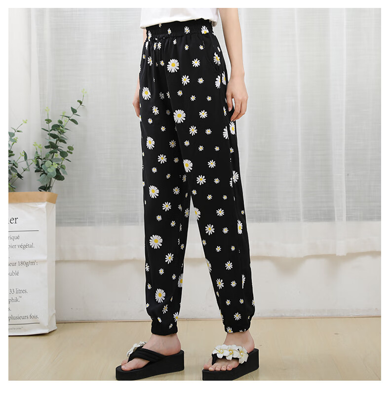 防蚊裤女成人长裤夏季女士棉绸裤青年休闲绵绸萝卜居裤松紧腰沙滩花裤