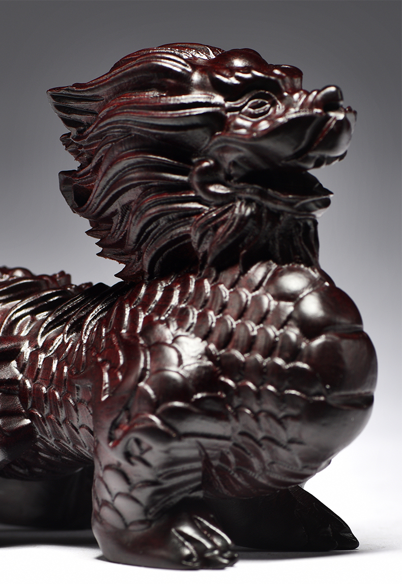 仙莱阁实木雕刻火焰麒麟摆件木质麒麟家居客厅装饰品开业工艺礼品精雕