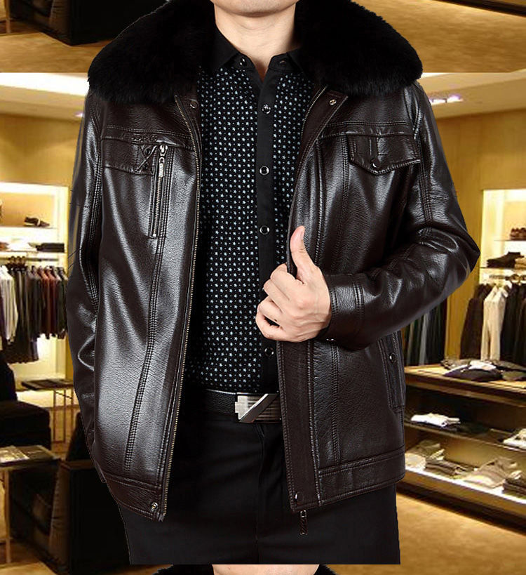 簘蕥新品皮衣皮夹克绵羊蓝狐毛领爸爸外套加绒加厚中老年男士皮衣冬装