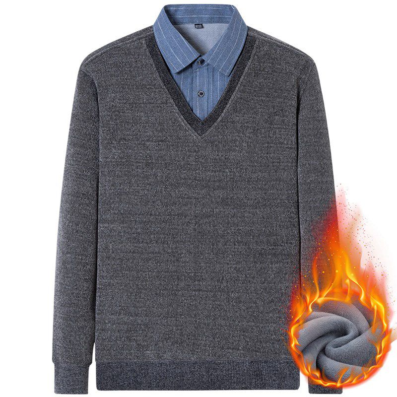 新品带领保暖内衣男冬季新款加绒加厚假两件休闲衬衫带领爸爸装防寒