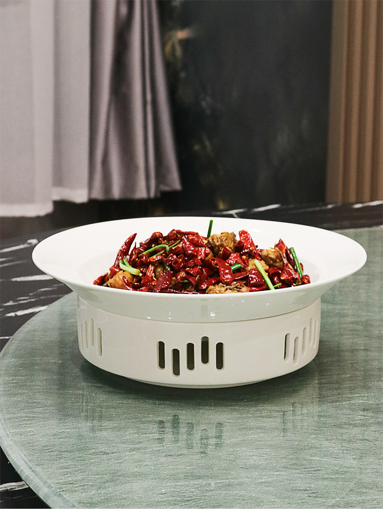 酒店中厨加热辣子鸡中式汤盘会所圆形白瓷陶瓷特色创意餐具热菜盘14寸