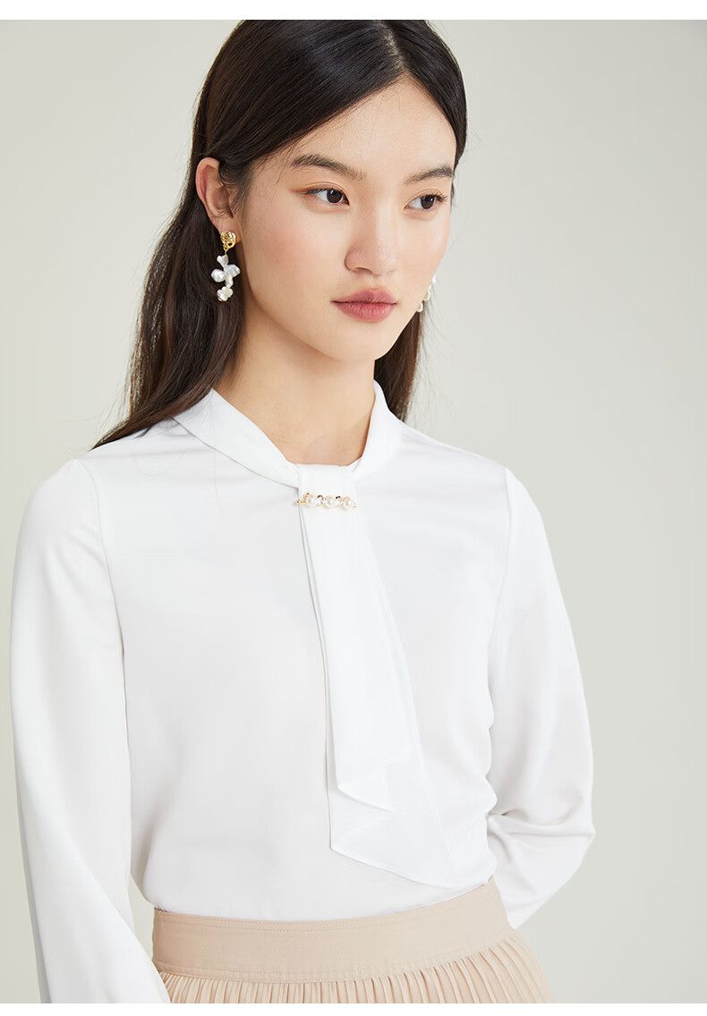 prich2021年冬季上衣简约时尚气质飘带领雪纺衬衫女39象牙白165