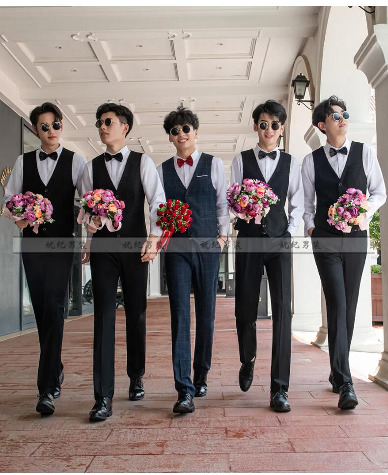 妩纪 伴郎服装西式新郎结婚礼团服马甲衬衫衣服三件套西服套装夏季