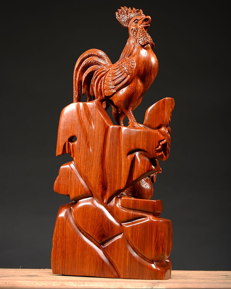 善逸花梨木雕鸡摆件全家福实木雕刻十二生肖动物客厅玄关家居饰品总