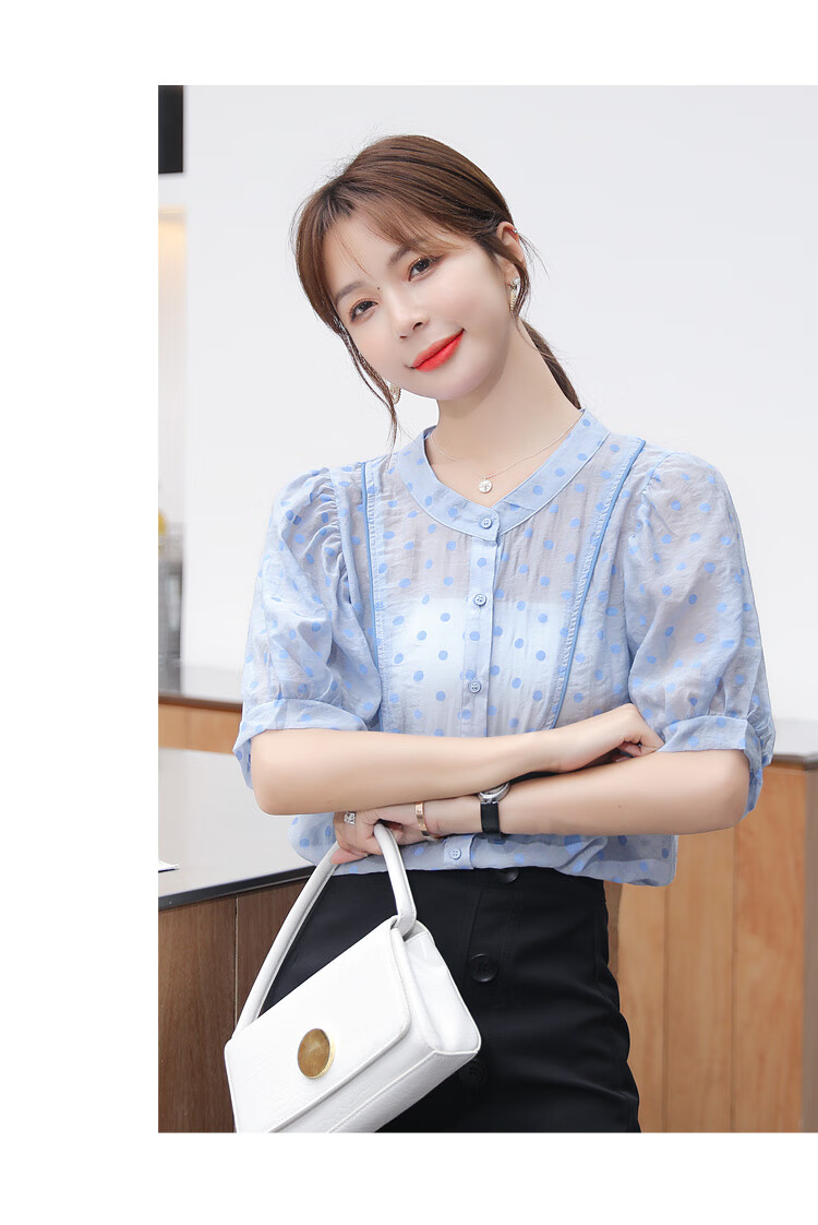 品牌: 欧贝汐 商品名称:短袖衬衫女夏季2021年新款女装波点雪纺衫小衫