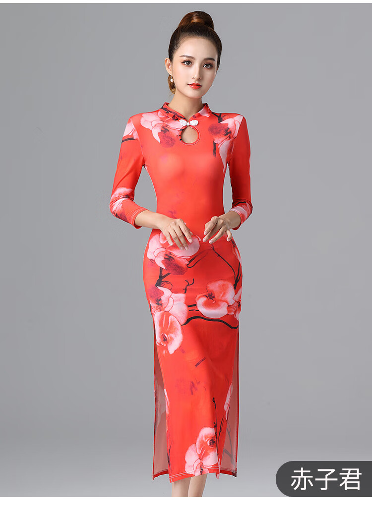 拉丁舞旗袍舞服拉丁舞比赛服新款流苏旗袍演出服表演服高端连衣裙长袖