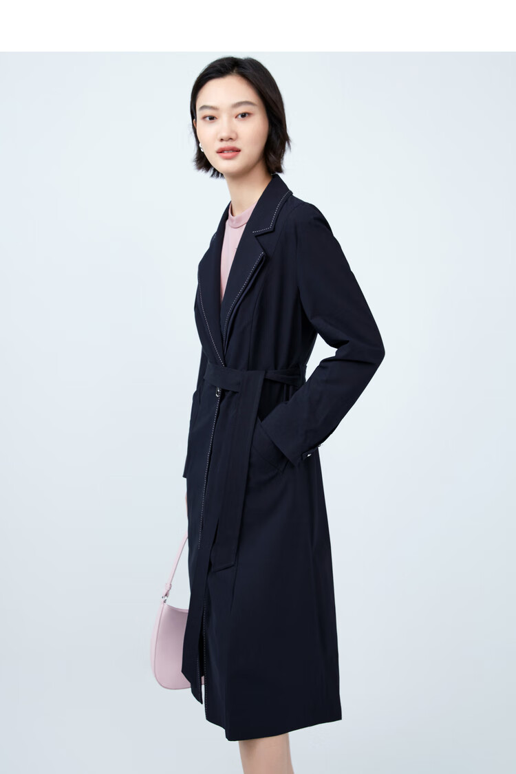 娜尔思赫本风收腰系带西装领风衣女春新款中长款外套暗青紫色42xl
