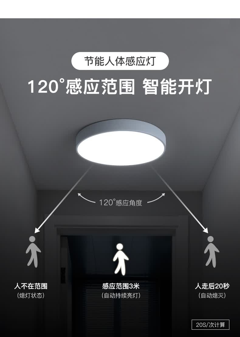 奥本佳雷达人体感应灯家用过道智能楼道走廊进门入户门口自动led吸顶