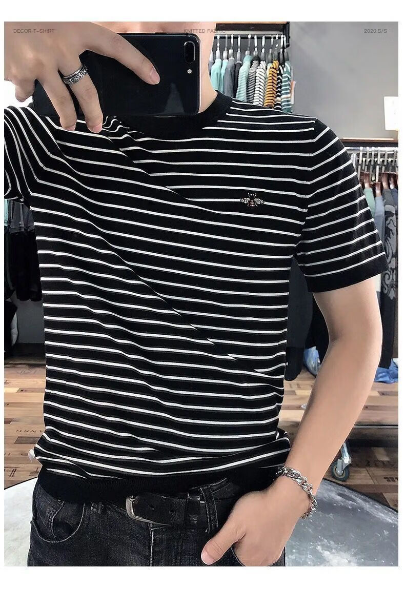 短袖毛衣男春秋薄款连帽韩版夏冬款男装小蜜蜂刺绣条纹横条男士针织衫