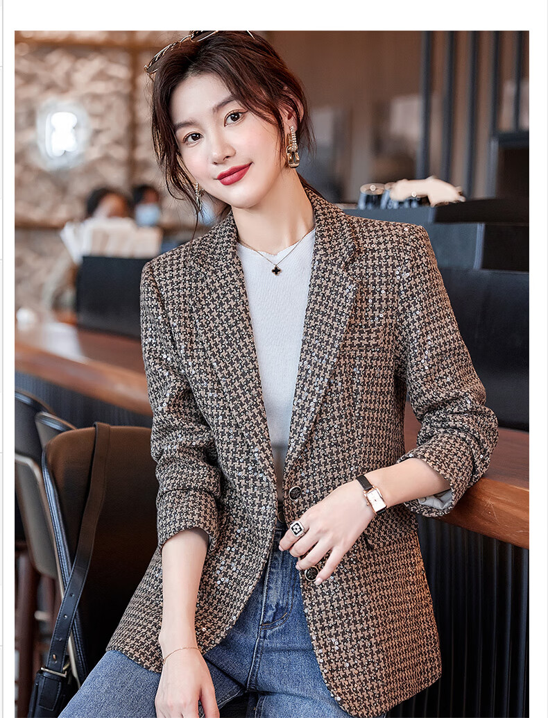 佳昭咖啡色亮片格子西装外套女2021春季新款时尚气质修身显瘦设计感