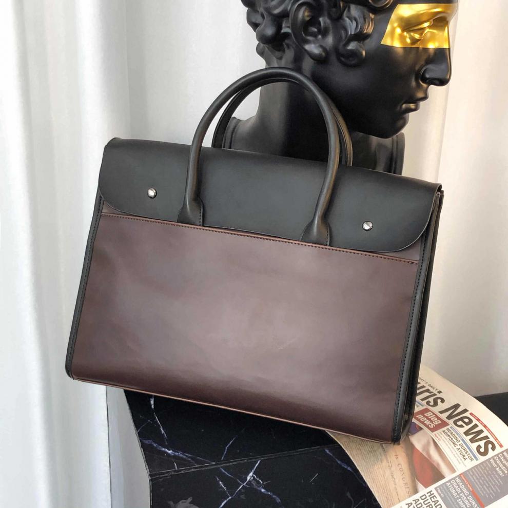 男士公文包横款手提包疯马pu皮包出差单肩包文件电脑包斜跨包 咖啡色