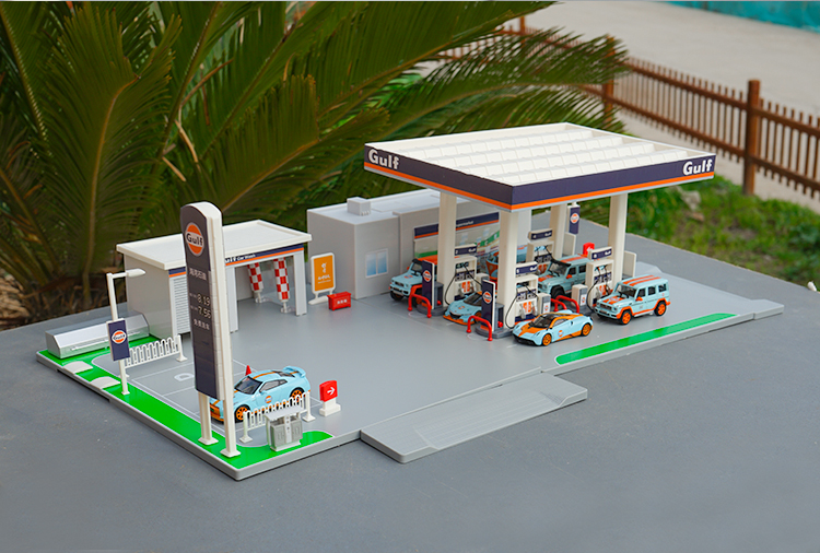 海湾石油加油站模型儿童玩具164场景套装加油站gulf越野车皮卡赛车
