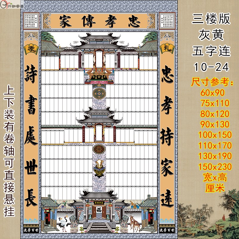 家堂轴子家谱画三进三出老式宗谱13x19布料家谱挂图年画song布袋半素